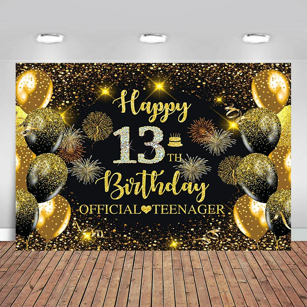

Happy 13th Birthday Party Backdrop Official Teenager Background Balloons Black and Gold Banner Decorations Supplies Photo Booth