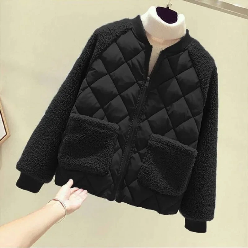 Parkas Women Short 2022 New Korean Loose Imitation Lamb Wool Padded Jacket Female Large Size Stitching Winter Cotton Coat