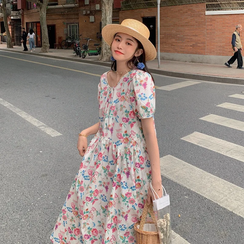 

Women Cottagecore Dress Summer Woman Slim Body Dress Clothes Pastoral Sweet Floral Puff Sleeve Loose Oversize Long Dress Female