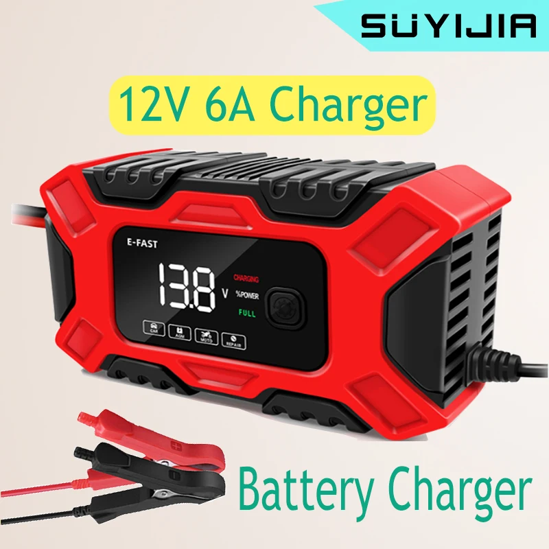 

New 12V 6A Car Smart Battery Charger Motorcycle Battery Fast Charging Device Lead-acid Battery Smart Repair Digital LCD Display