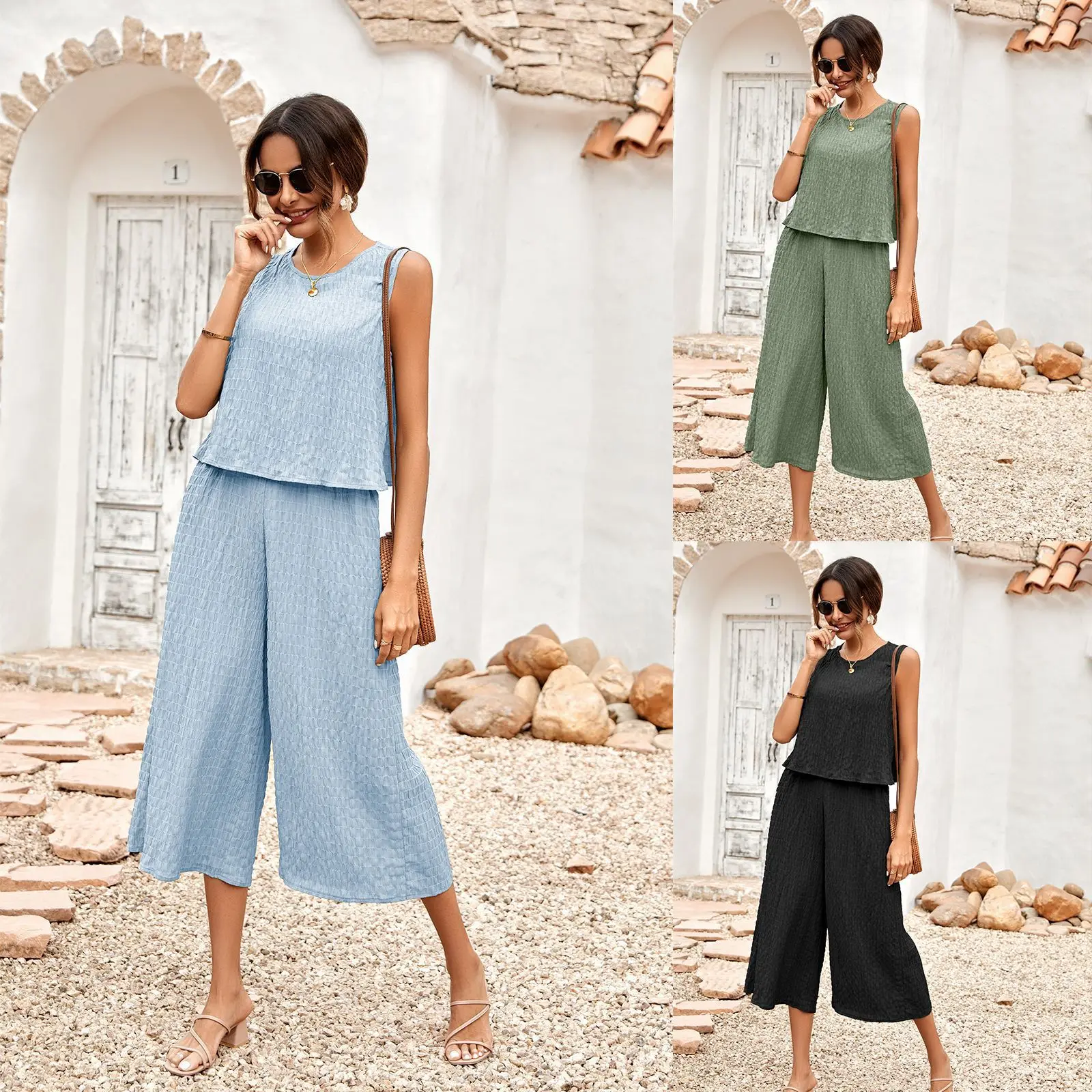 

Women Matching Sets Summer Fashion Short Solid Color Basic Sleeveless Loose Vest Sling Running Leisure Sports Two Piece Suit