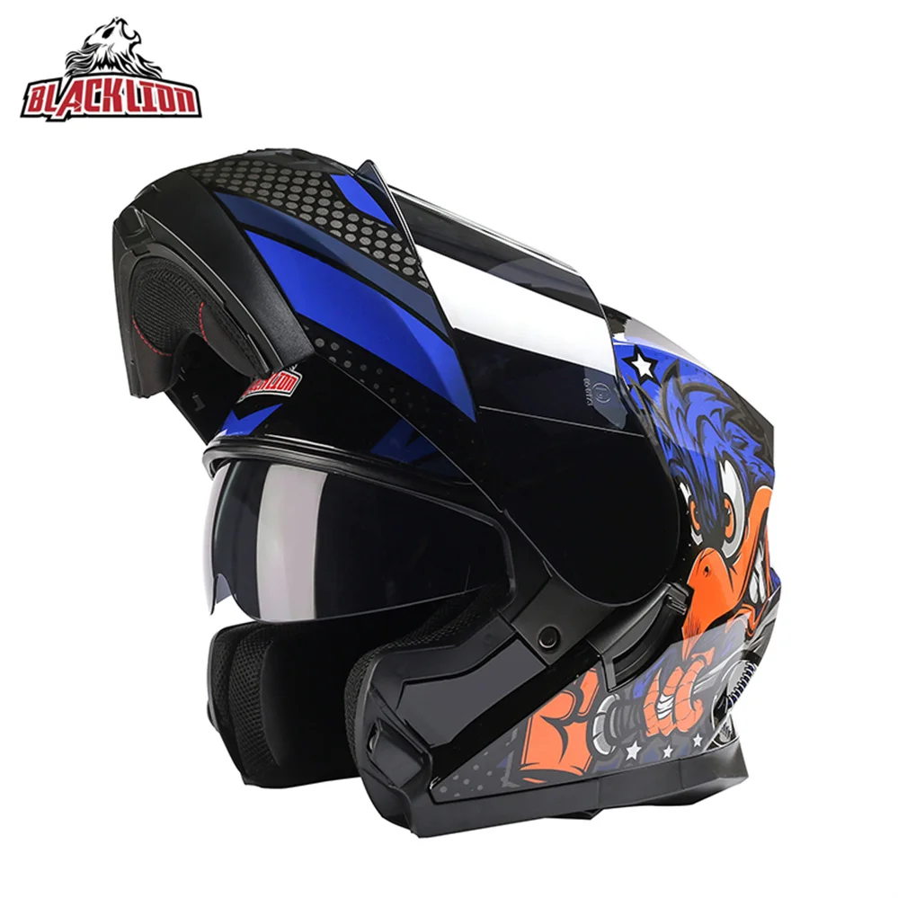 DOT ECE Approved BlackLion Full Face Modular Motorcycle Helmet Classic Motocross Racing Dual Lens Flip Up Casco Moto Capacete enlarge