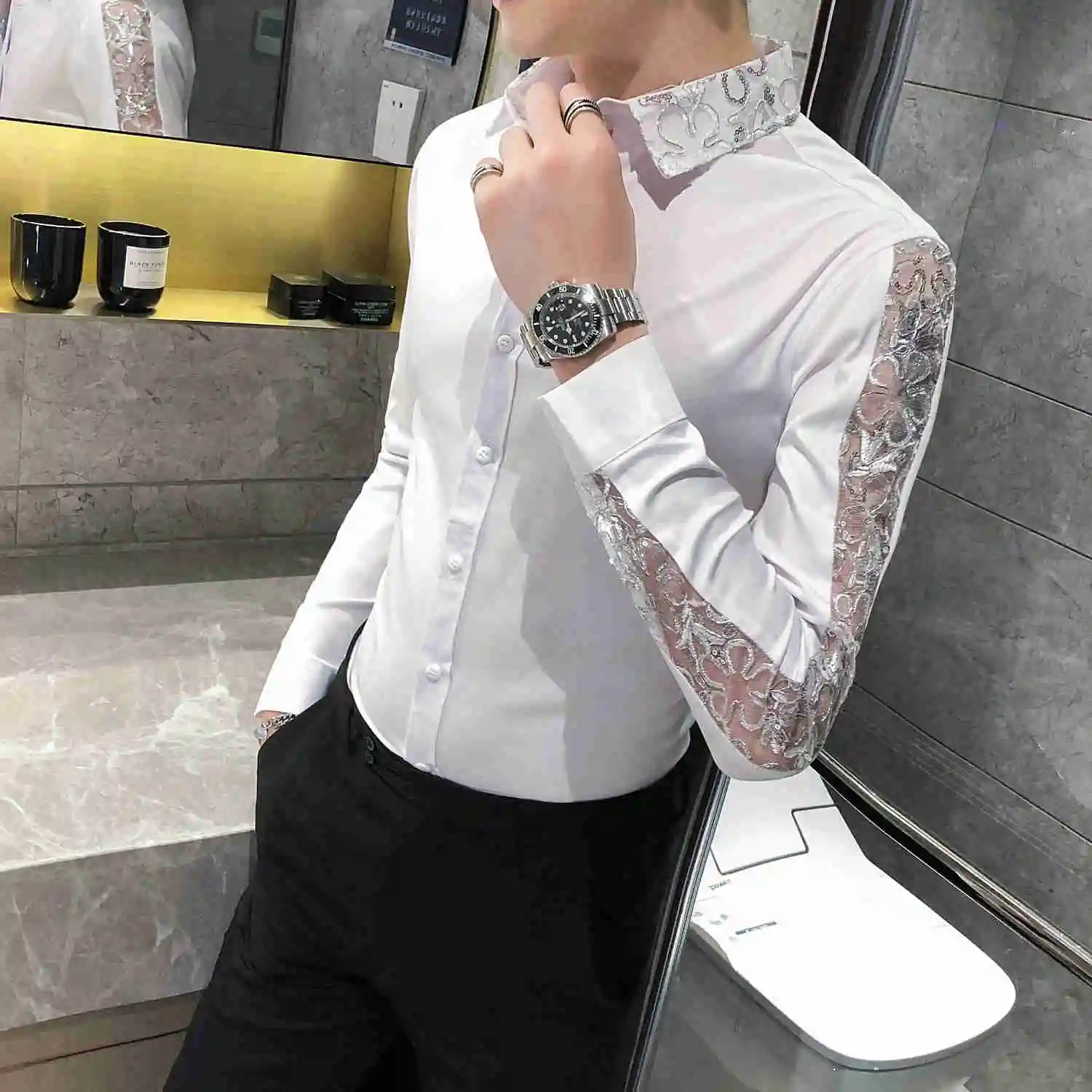 Casual s Black White Men Lace Long Sleeve Slim Fit Social Dress Shirt Camisas Masculinas Club Party Chemise Homme 4xl