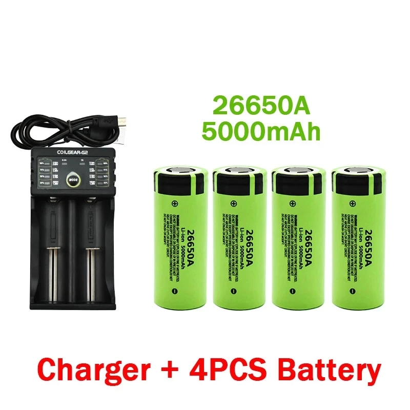 

26650A 3,7 V 5000mAh batterie hohe kapazität 26650 20A power batterie lithium-ionen akku für spielzeug taschenlampe + ladegerät