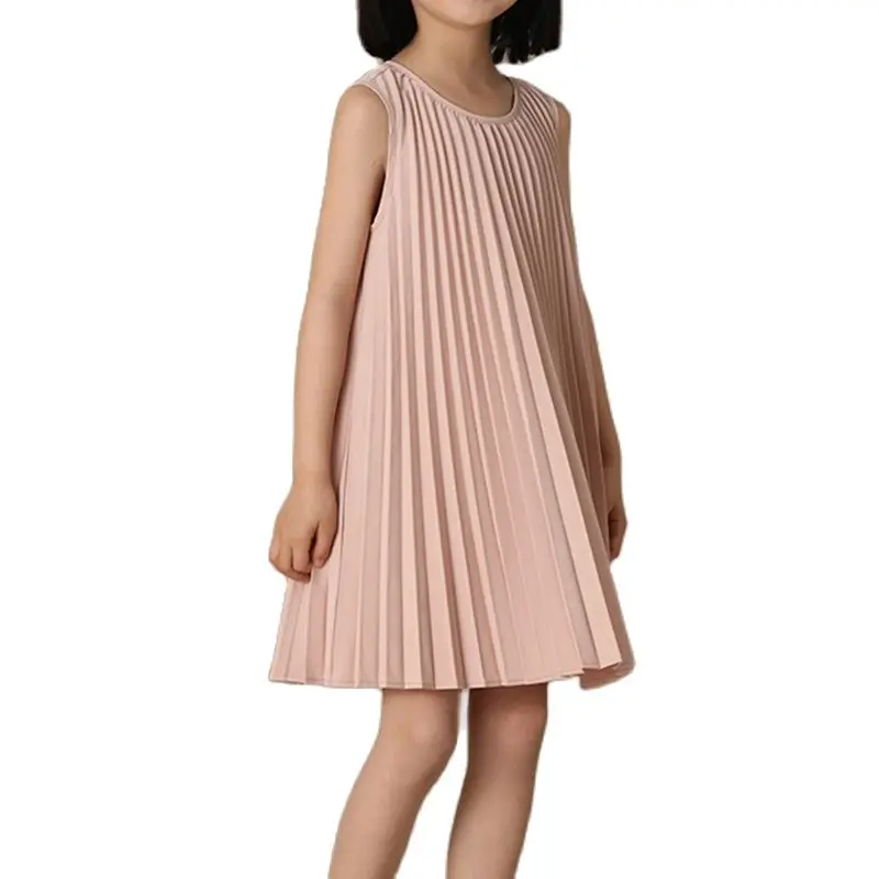 Girls Pleated Dress Sleeveless Party Elegant Children Basic Minimalist Draped Dresses