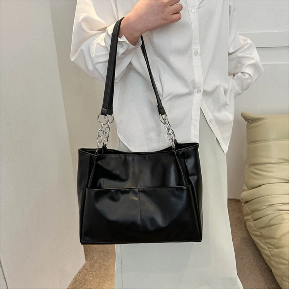 

Solid Color PU Leather Tote Bags Women Luxury Designer Simple Vintage Handbags Female Large Capacity Shopping Shoulder Bag Domil