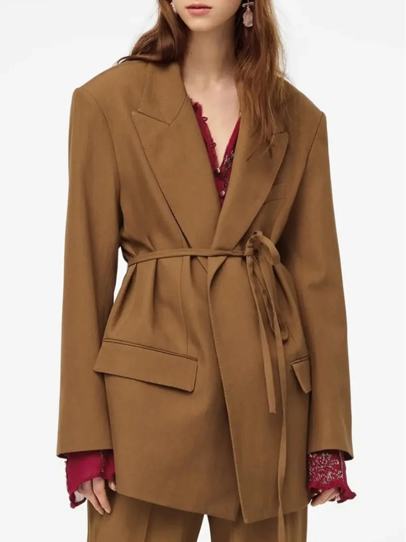 Simple High Waist Office Blazer Suit with Bandage Women Solid Colors Lace Up Loose Casual Blazer 2021 Autumn Spring New Fashion