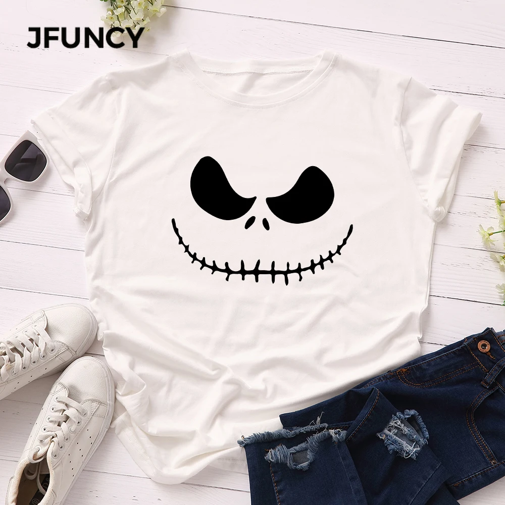 JFUNCY Halloween Evil Print Women T-shirts Female Short Sleeve Tee Tops  Woman Casual Tshirt 2023 Summer Cotton T Shirt