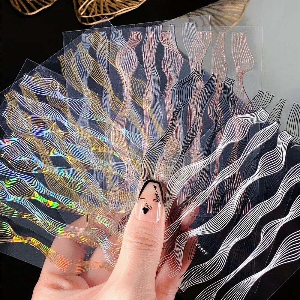 

Laser Silver Wave Lines Nail Stickers 3D Holographic French Gold Metal Lines Stripe Sliders Manicure Adhesive Gel Nail Art Decal