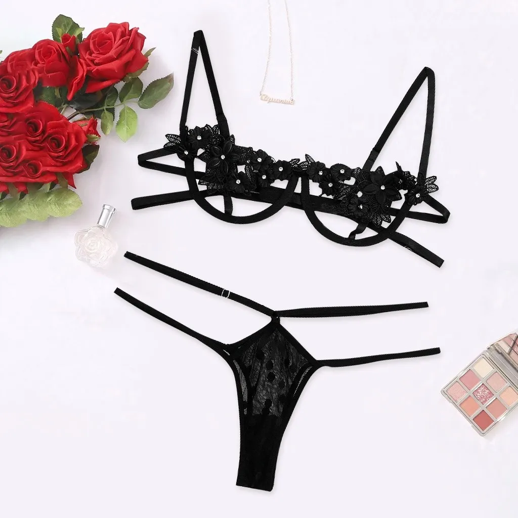 

Sexy Lingerie Push Up Bra Lace Temptation Rose Women's Underwear With Steel Ring G-string Thong Brief Sets Black Lingerie Set