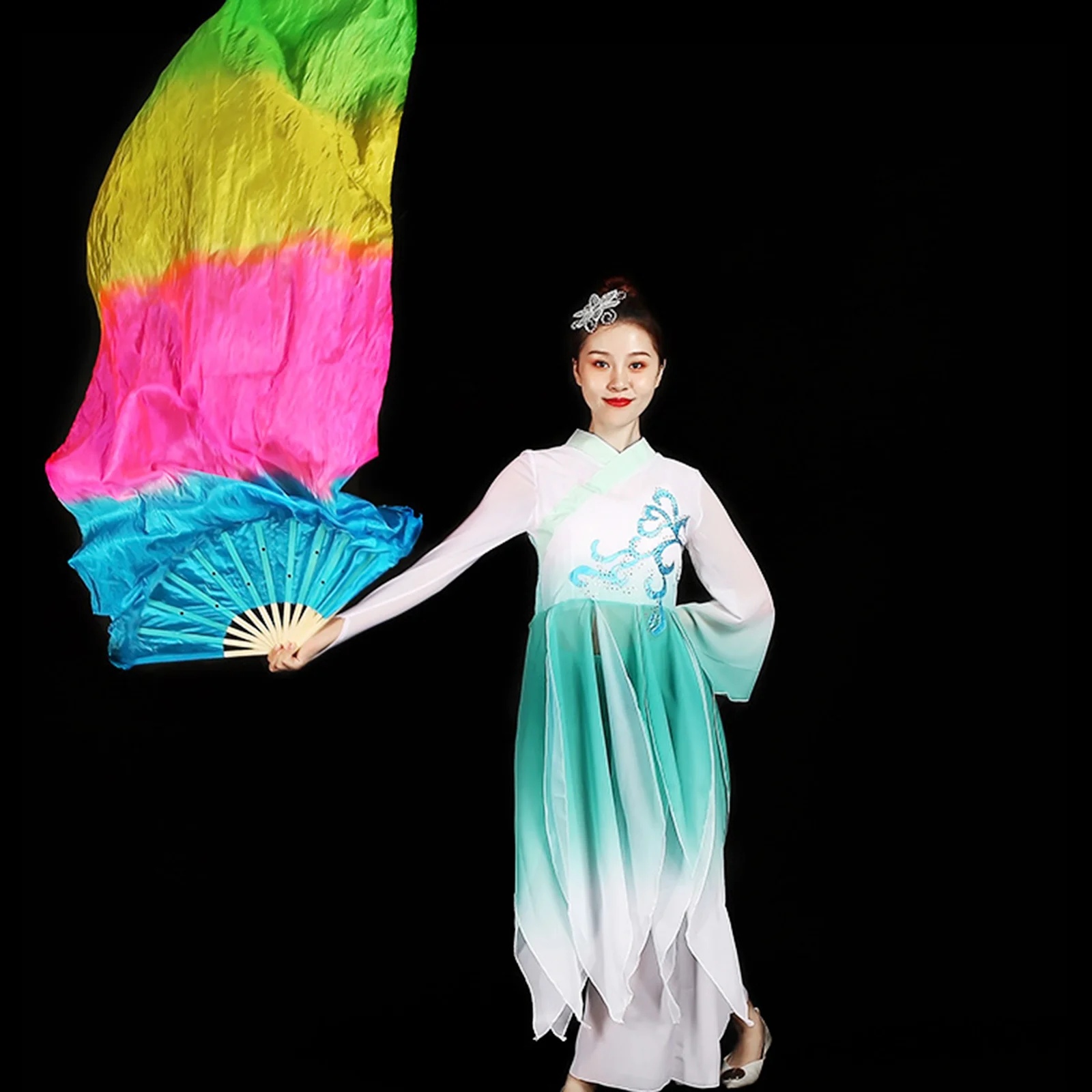 

Scarves Women Satin Dance Fan Square Accessories Long Folding Stage Performance Fabric Silk Women's