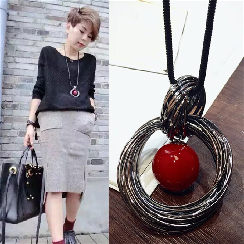 

Red White Pearl Ball Pendant Long Necklaces New Circles Simulated Women Black Chain Maxi Necklace Fashion Jewelry Wholesale Gift