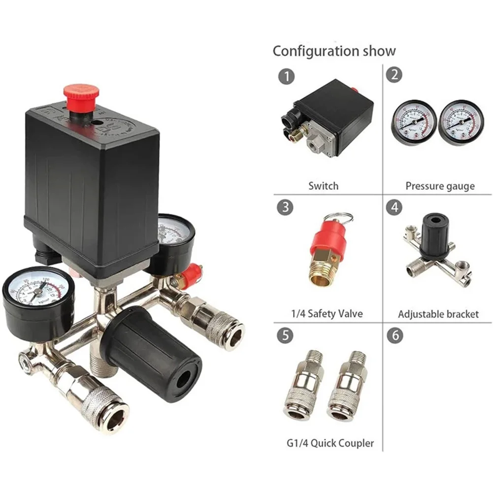 

7pcs Oil-free Silent Air Compressor Parts Assembly 220V 90-125PSI Pressure Control Switch Boutique Bama SF20 Quick Connectors