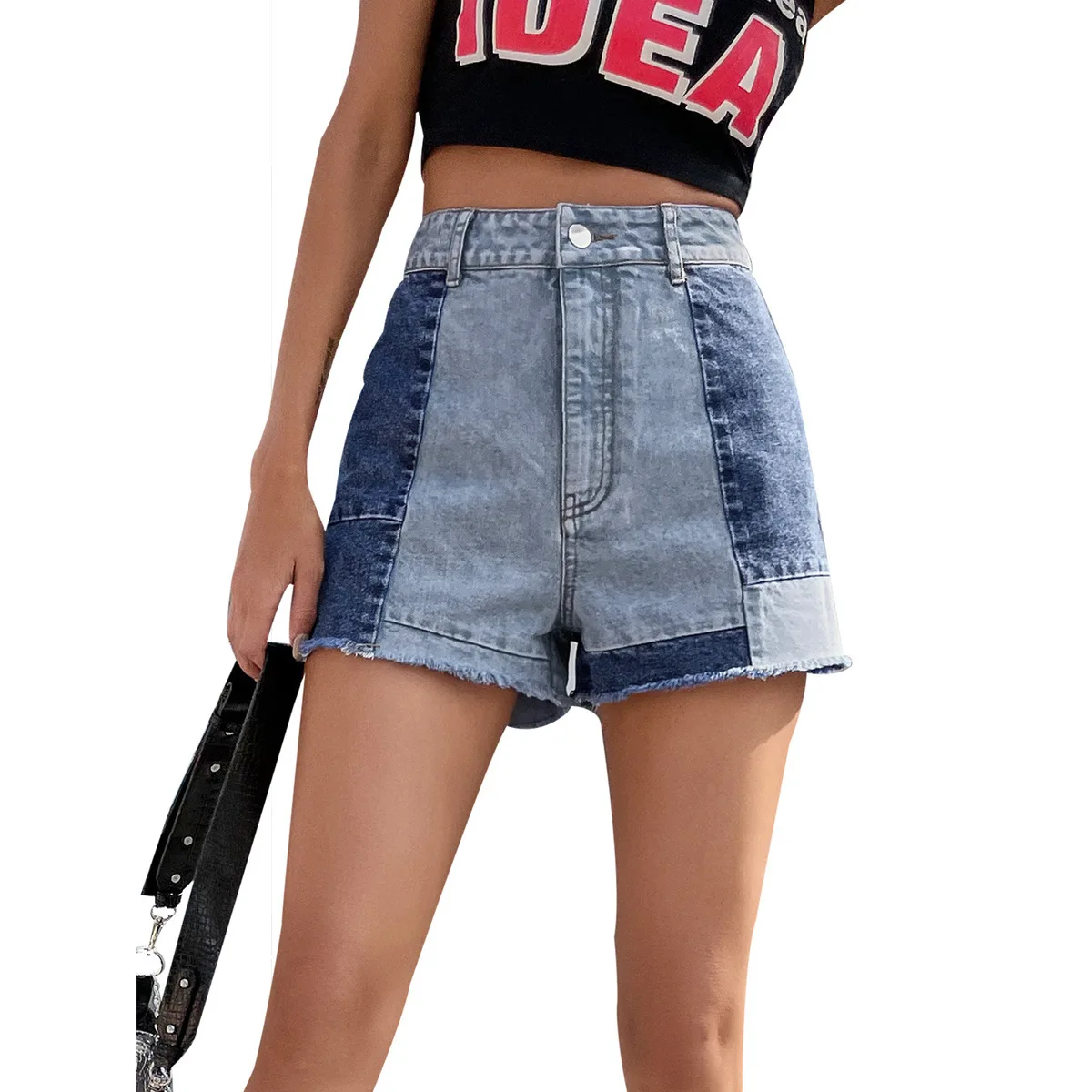 

Straight Short Jeans Fashion Women's Denim Shorts New Contrast Color Patchwork Button Pockets Female Summer 2023