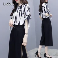 women 2022 new spring summer office lady work pant suits ol 2 piece sets chiffon striped shirt wide leg pants female casual set