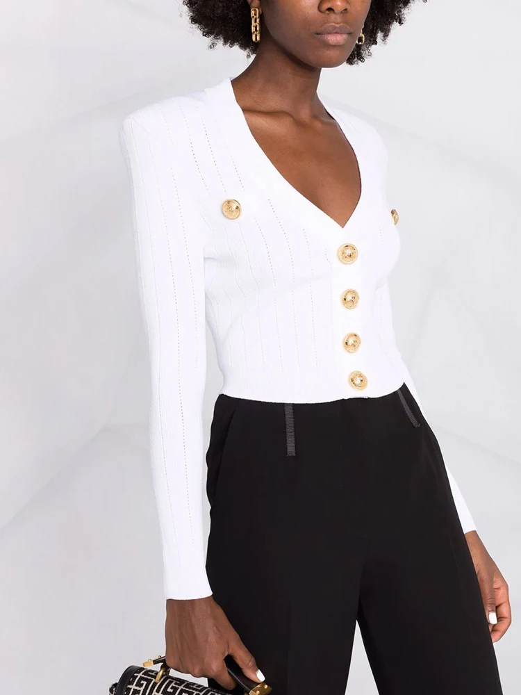 

Женский Укороченный трикотажный кардиган на пуговицах с V-образным вырезом