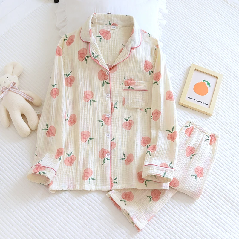 Spring New Ladies Pajamas Set Heart Printed Crepe Cotton Double-layer Gauze Turn-down Collar Long-sleeve Trousers Household Wear