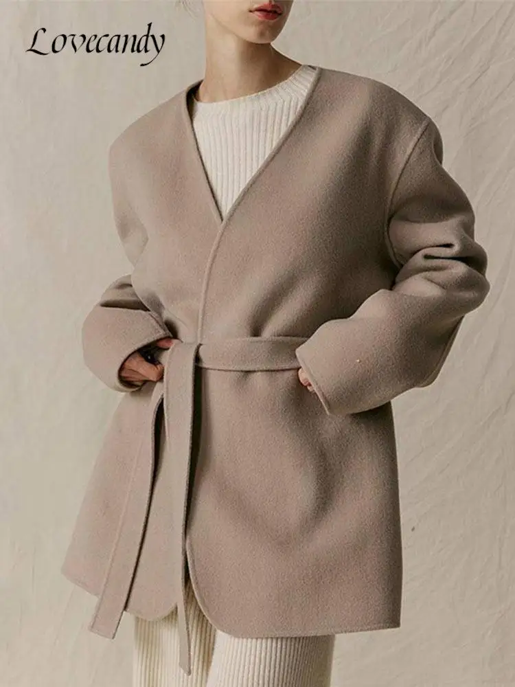 

Женское шерстяное пальто на шнуровке, элегантное винтажное пальто с V-образным вырезом, шикарная двухсторонняя твидовая куртка, утепленная офисная верхняя одежда, осень 2022