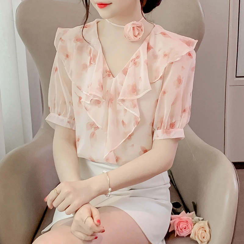 Женская летняя маленькая рубашка с коротким рукавом и оборками