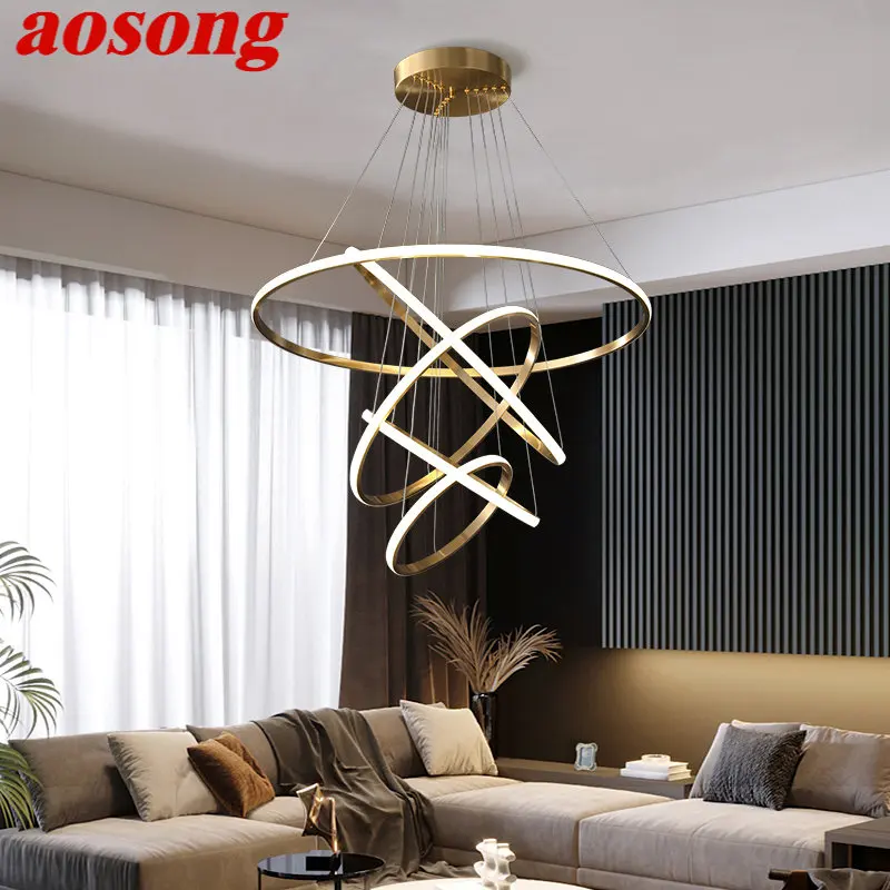 

AOSONG Contemporary Brass Ring Pendant Lighting LED 3 Colors Chandelier Lamp Decor For Home Living Room