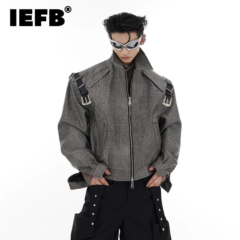 

IEFB Men's Jackets Niche Textured PU Leather Coat With Belt Stitching Design Trend Male Motorcycle Clothing 2023 New Tops 9C1715