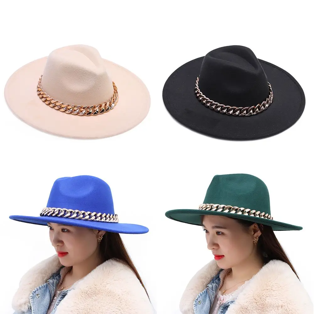 

For Women Men Trend Wide Brim Bump Top Hat Jazz Hat Fedora Cap Thick Chain