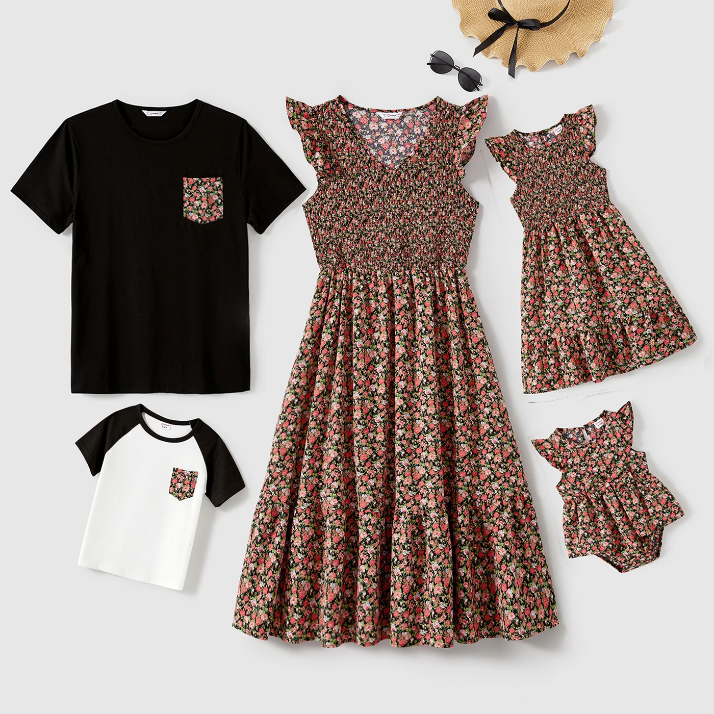 

PatPat Family Matching Allover Floral Print Flutter-sleeve Dresses and Short-sleeve T-shirts Sets