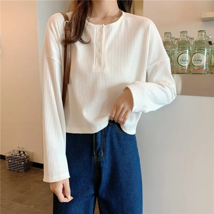 

Long Sleeve T-shirts Women Elegant Simple Pure Button Design Retro Ins Autumn Ladies Tees Top All-match BF Style Mujer Clothes