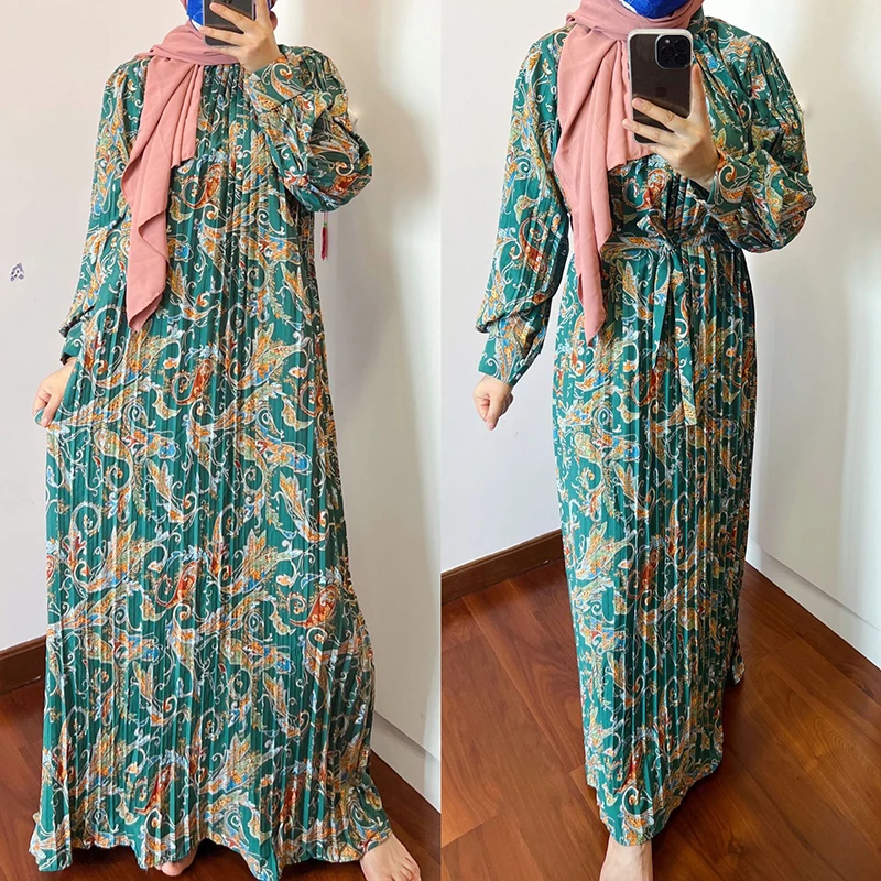 Women Printed Floral Abaya Dress Pleated Long Sleeves With Belt Middle East Dubai Turkey Evening Party For Muslim Hijab Dress