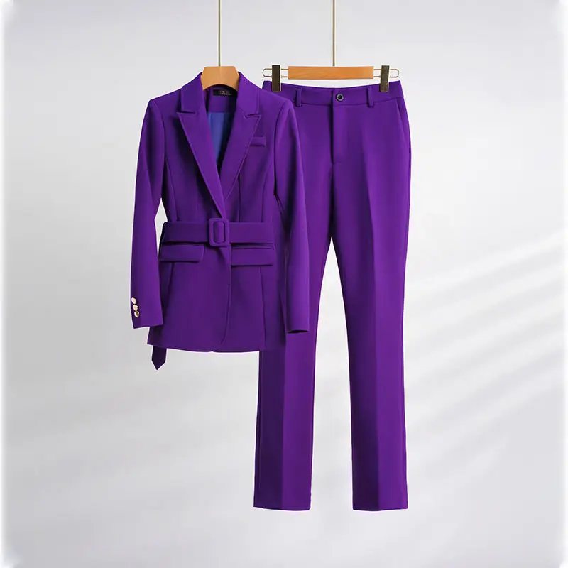 Purple Long Suit Jacket and Trousers 2-piece Belt Women's Spring and Autumn 2022 New Waist Set High Fashion Temperament Suit