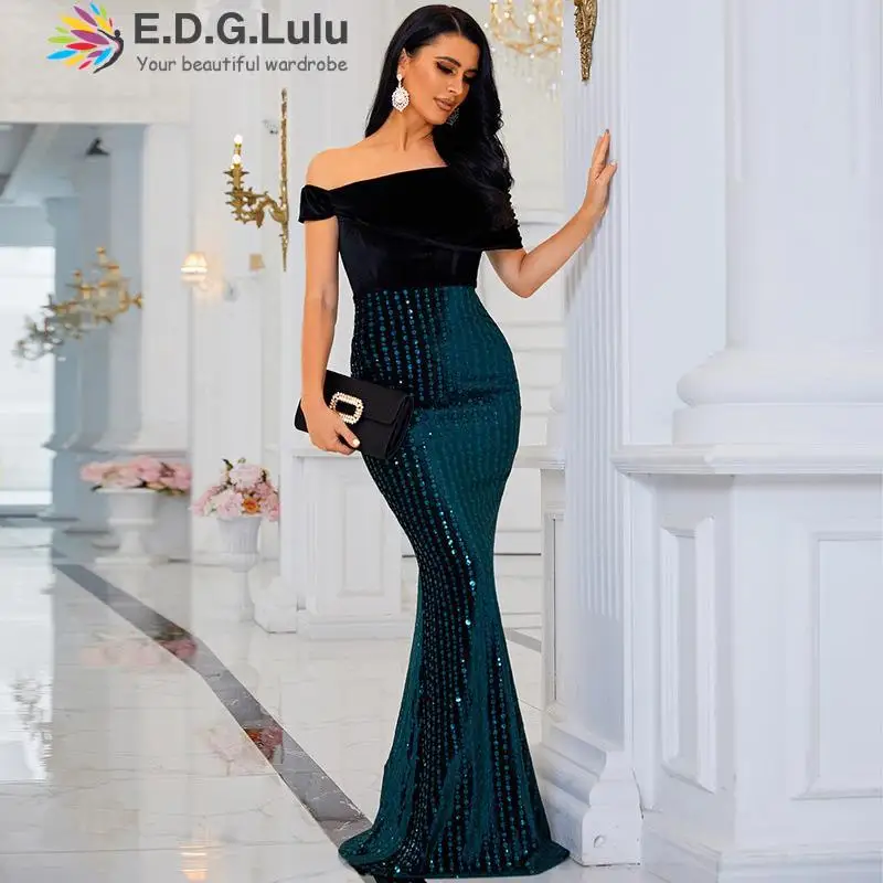 

EDGLuLu 2022 Sexy Off Shoulder Short Sleeve Splicing Green Sequins Mermaid Dress Elegant Floor Length Evening Party Dresses 0806