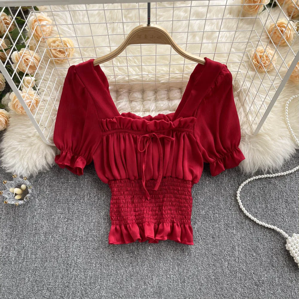 

2022 Summer New Korean Fashion Temperament Slim Waist Square Neck Bubble Sleeve Shirt Foreign Style Short Top