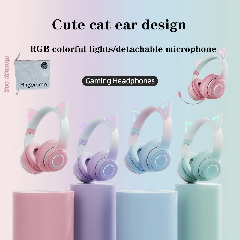 Новые беспроводные наушники с градиентным розовым кошачьим ухом модные RGB