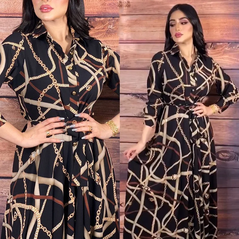 2023 Muslim Women's Clothing V-neck Printed Casual Dress with Belt Middle East Dubai Abaya Vintage Robe Caftan Marocain Femme