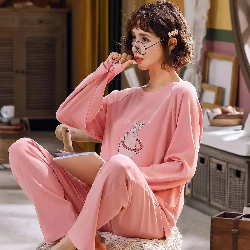 100% Cotton Pyjamas Suits Women Spring Autumn Round Neck Sweet Cute Leisure Lounge Sleepwear Home Clothes 2 Pieces /Sets Hom