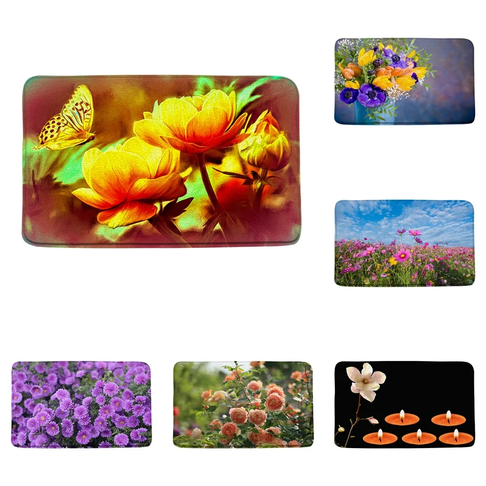 

Watercolor Floral Butterfly Bath Mat for Tub Non-silp Scenery Daisy Dahlia Flower Rural Bathroom Rug Carpets Kitchen Doormat Pad