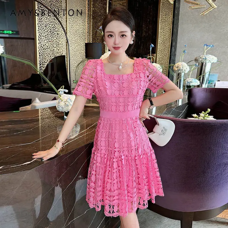 High-End Women's Square Collar Short Sleeve Hollow Out Dress 2023 Summer New Temperament Fashion Slimming Mid-length Dress