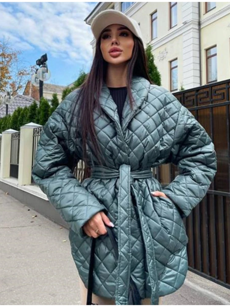 

Lapel Collar Checkered Lace-up Parkas Female Hooded Long Sleeve Solid Coat Winter Slim Casual Elegant Windproof Outwear