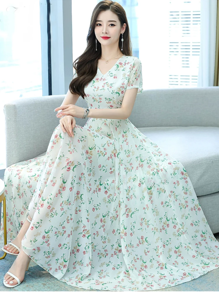 

2023 Fashion Elegant Casual Beach White Long Dress Women Chiffon Floral Chic Prom Maxi Dresses Summer Korean Black Party Evening