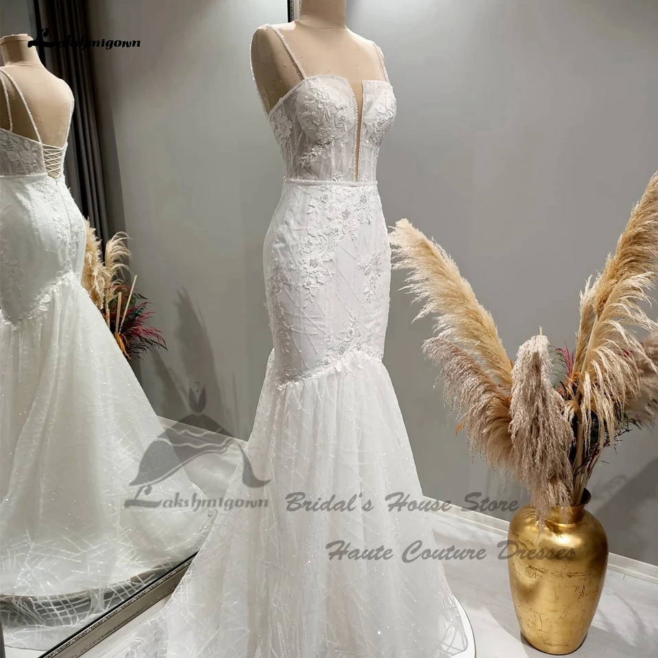 

Lakshmigown блестящие кружевные свадебные платья-русалки с косым носком 2023 пикантное женское свадебное платье в стиле бохо на бретелях-спагетти
