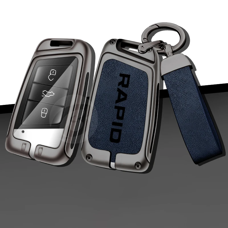 

Zinc Alloy Car Key Case Cover for Skoda Rapid Metal Leather Key Protector Shell with Keychain Keyless Interior Accessories