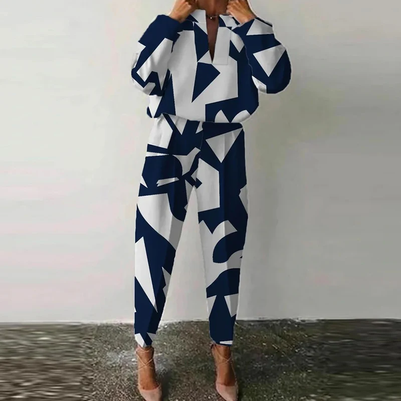 

Женский офисный костюм с длинным рукавом, повседневный свободный комплект из двух предметов с винтажным геометрическим принтом, элегантны...