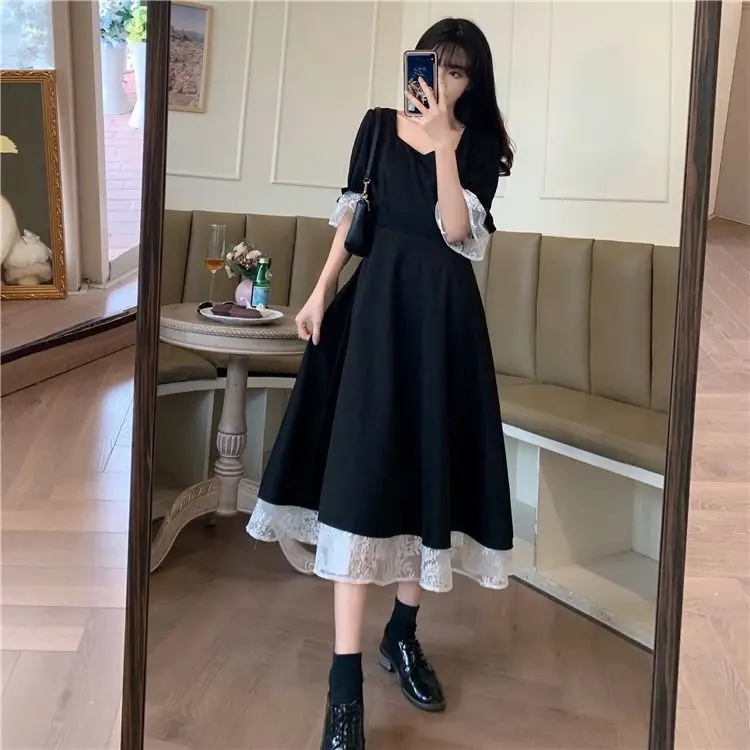

Large women's summer new French retro court lace medium long short sleeve Knee Length Dress