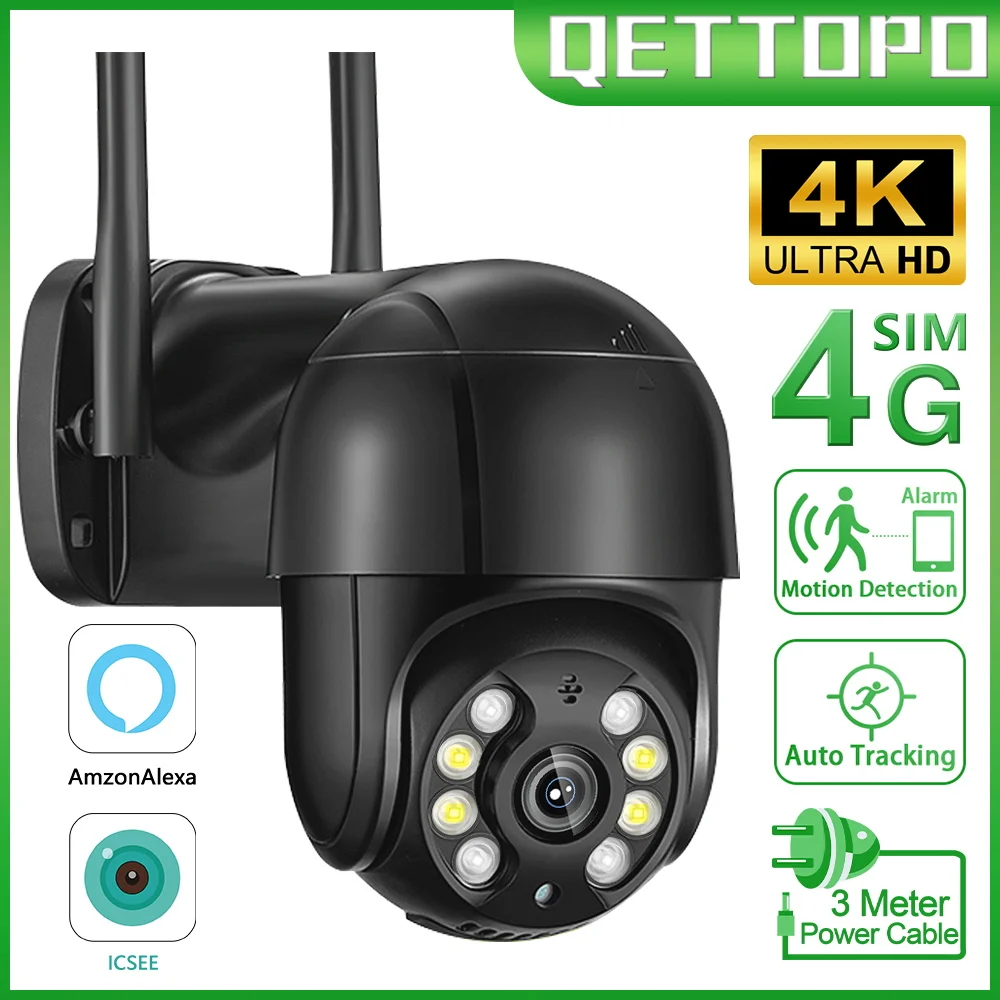 

Qettopo 4K 8MP 4G SIM Surveillacne Camera AI Human Tracking WIFI IP Camera Outdoor Color Night Vision PTZ Camera iCSee Alexa