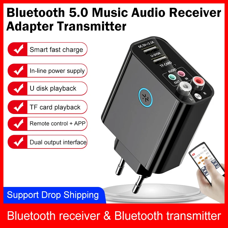 

Bluetooth 5.0 Music Audio Receiver Adapter Transmitter for Home Hifi Speaker Quick USB Charger Aux Rac U Disk TF Player Plug