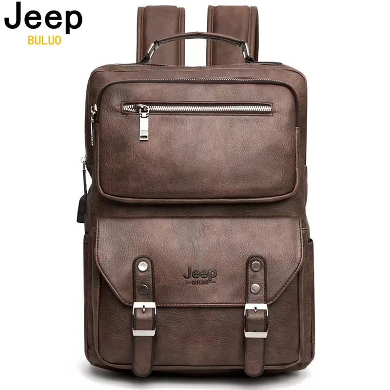 

JEEP BULUO Casual 15 inches Laptop Bags Large Capacity Backpack Outdoor Travel Men's Bag Travel Split Leather Bags For Man New