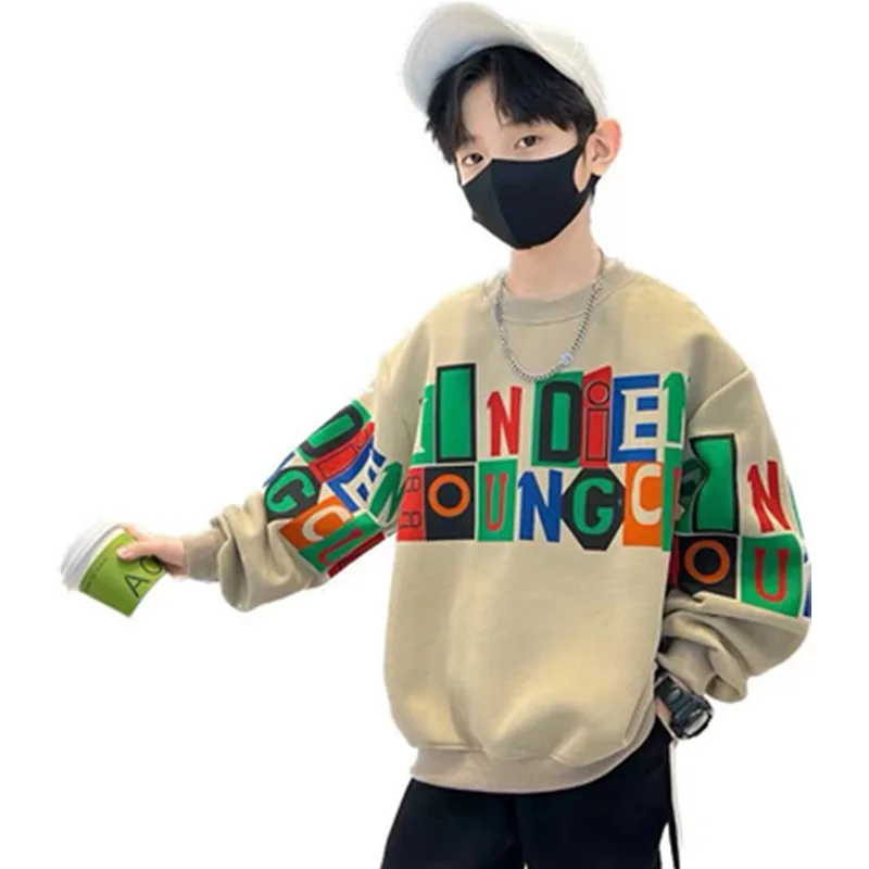 

2023 Spring Boys Pullover Long Sleeve Tops for Kids Print Letter Sweatshirts Fashion Autumn Children Cotton Hoodie Shirts 5-14Y