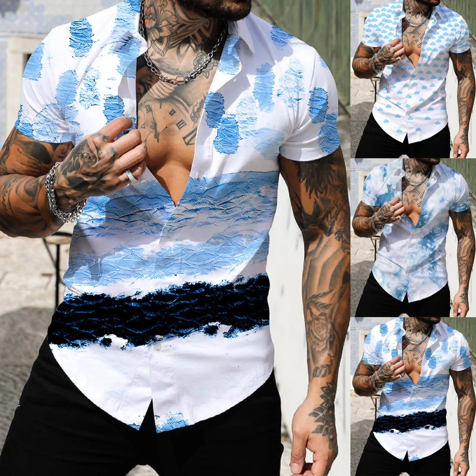 

Men Spring Summer Single Breasted Casual Lapel Full Print Beach Short Sleeve Vacation Outdoor Holiday Shirt Leotard Bodysuit