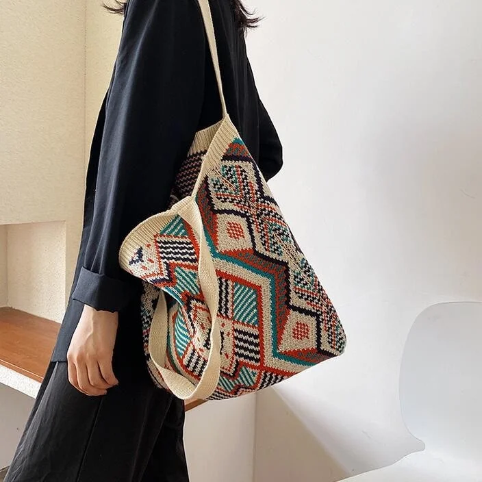 

Женская вязаная Цыганская богемная шикарная ацтекская Сумка-тоут, женская вязаная шерстяная сумка-шоппер с открытой ручкой, Женская Повседневная сумка 2023