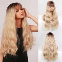 long water wave synthetic wigs with bangs ombre blonde hair wig brown root heat resistant fibre wigs for women cosplay party use